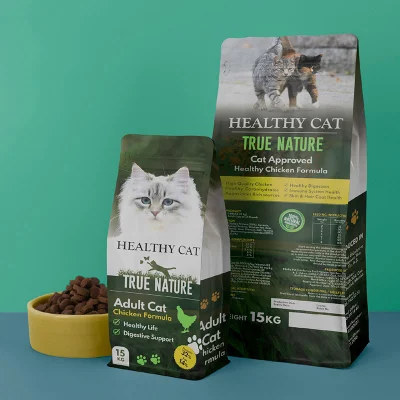 Sacchetti per imballaggio con chiusura lampo per alimenti per animali domestici con fondo piatto stampati personalizzati per cani e gatti